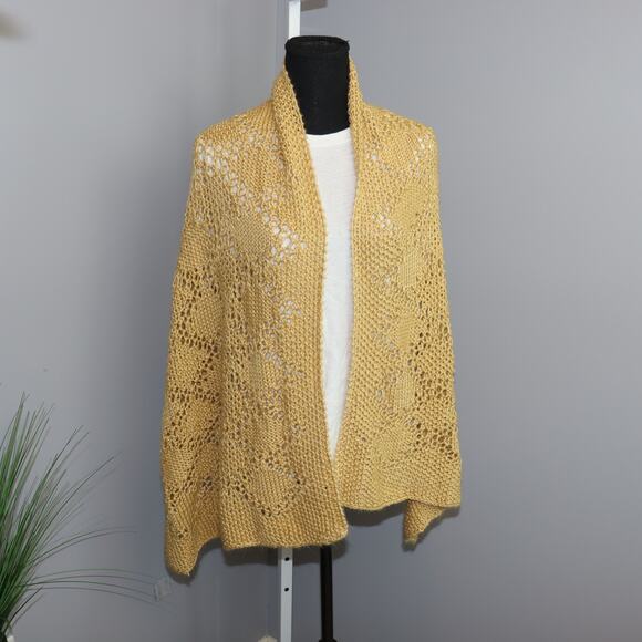 Vintage Handmade Knit Shawl Mustard Yellow Acrylic Open Weave - Picture 1 of 3